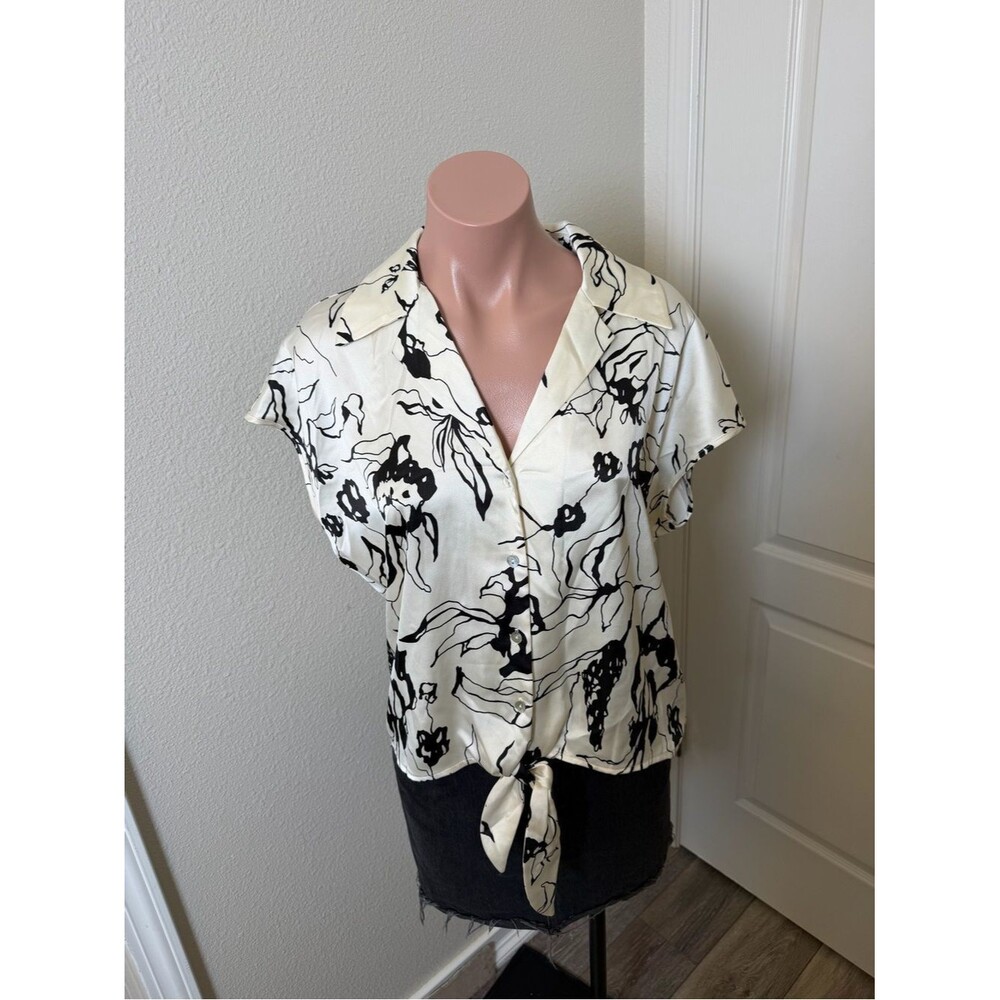 Rachel Zoe Black & White Floral Tie-Front Blouse Sz S